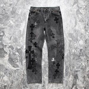 Chrome Heart Cross Leather Logo Embroidered Jeans